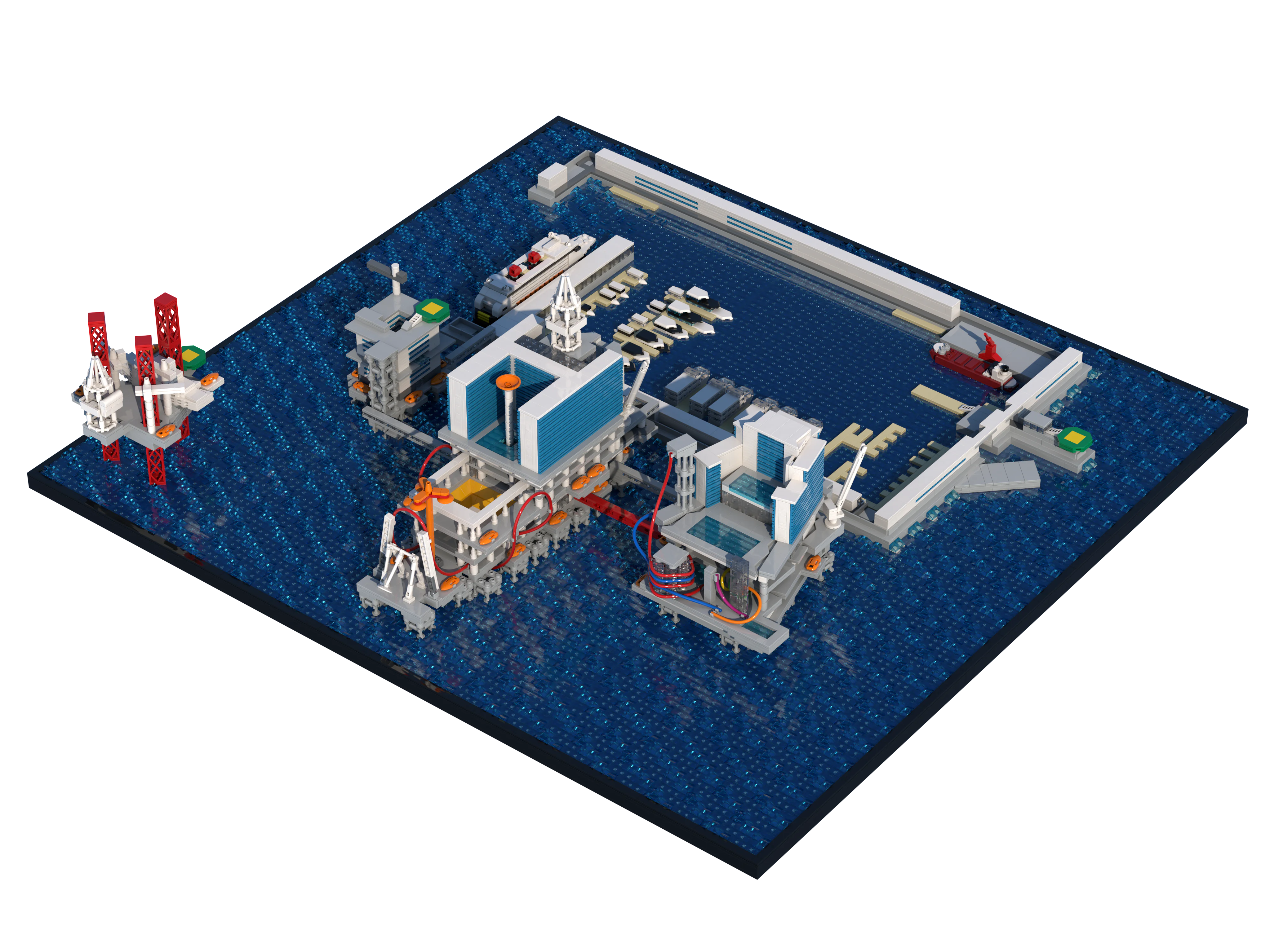 LEGO model of The Rig seen from the opposite side, with the platforms in front of the marina